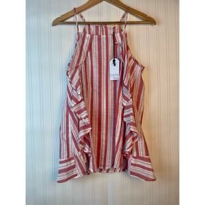 NWT Cotton Bleu Ruffle Adjustable Tank 100% Cotton  Rose terRed Stripes Halter L